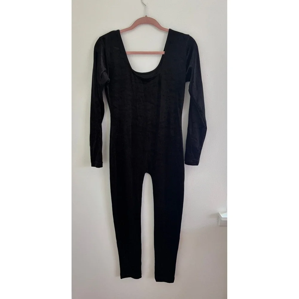 Vintage 90s Black Velvet Catsuit M Bodysuit‎ Jumpsuit Boho Whimsigoth Goth - Picture 4 of 5
